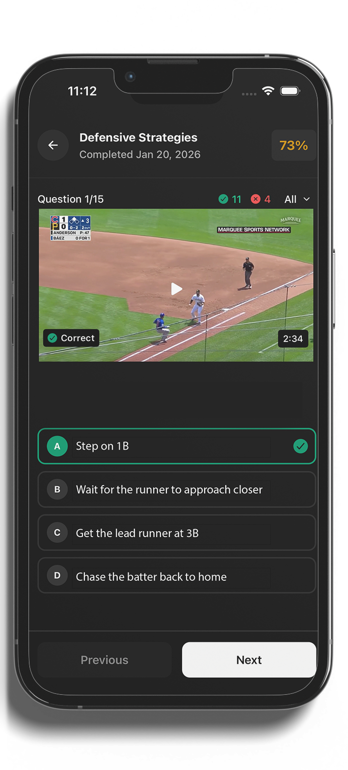 6Tool mobile app — video quiz with defensive strategies and answer choices